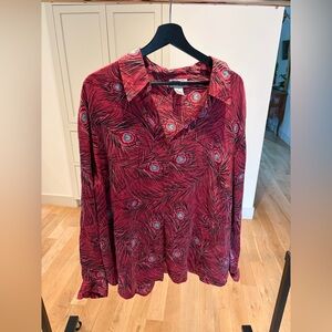 100% Silk Style & Co. Magenta Peacock-Print Button-Down Shirt